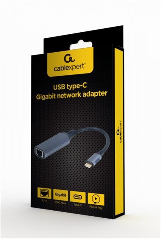 Адаптер Cablexpert USB Type-C - RJ-45 (M/F), 0.15 м, Black (A-USB3C-LAN-01)