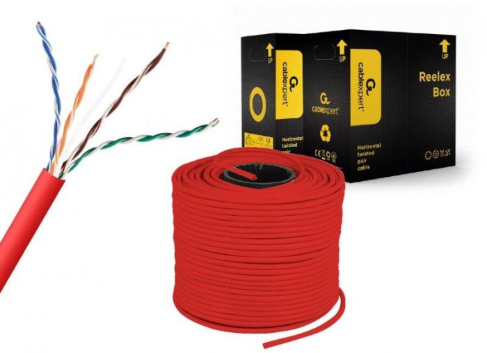 Кабель вита пара Cablexpert (UPC-5004E-SOL-R) CAT5e, алюміній під міддю (CCA з AWG24), неекранований, червоний, 305м
