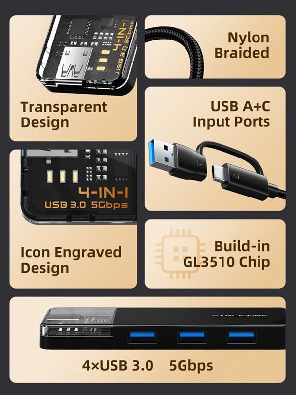 USB-хаб Cabletime CB03B USB Type-C 4-в-1