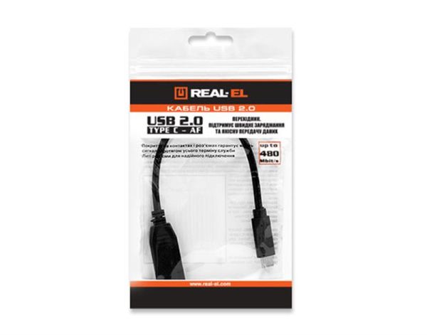 Кабель REAL-EL USB Type-C - USB V 2.0 (M/F), 0.1 м, чорний (EL123500017)