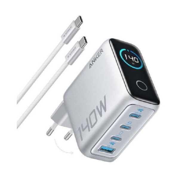 Мережевий зарядний пристрій Anker Laptop GaN Charger Silver, 140W 3xUSB-C 1xUSB-A Display (B2697G41) + кабель USB Type-C
