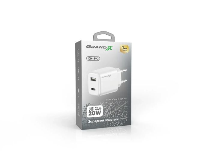 Мережевий зарядний пристрій Grand-X Fast Charge (1хUSB, 1хTypeC, 20W) White (CH-890)
