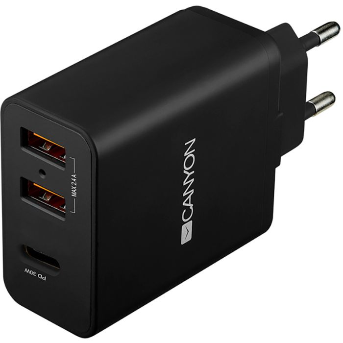 Мережевий зарядний пристрій Canyon (2USB, 2.4A) Black (CNE-CHA08B)