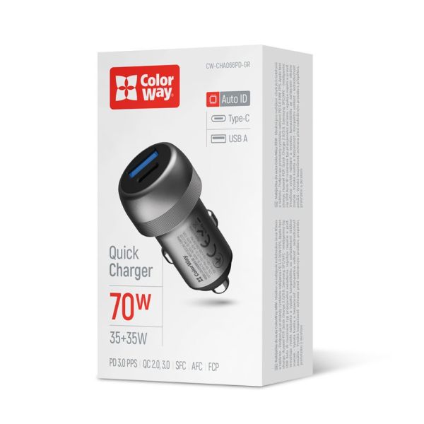 Автомобільний зарядний пристрій ColorWay 2USB (Type-C PD35W + USB QC3.0 35W) 70W Gray (CW-CHA066PD-GR)