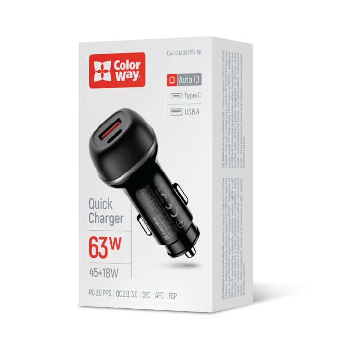 Автомобільний зарядний пристрій ColorWay 2USB (Type-C PD45W + USB QC3.0 18W) 63W Black (CW-CHA067PD-BK)