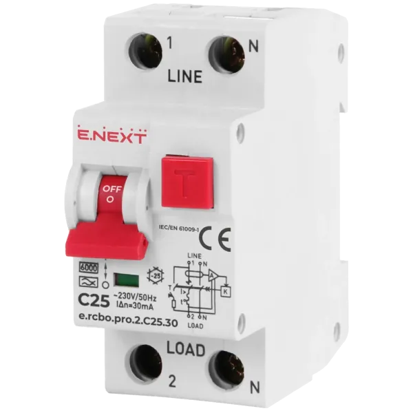 Enext e.rcbo.pro.2.C25.30, 1P+N, 25А, С, тип А, 30 Вимикач диференціального струму із захистом від надструмів