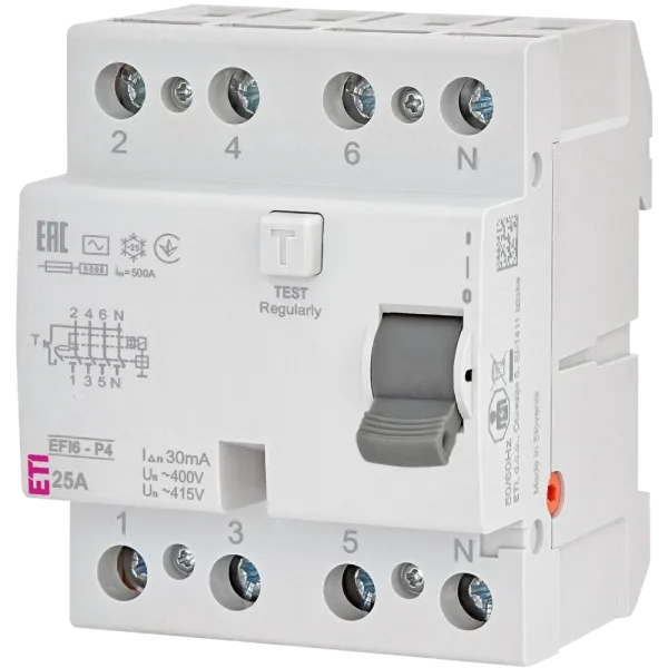 ЕТІ 4р EFI6-P4 25/0,03 тип AC (6kA) Реле диференційне (ПЗВ)