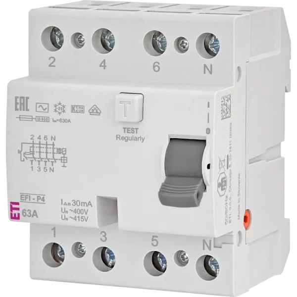 ЕТІ 4р EFI6-P4 63/0,03 тип AC (6kA) Реле диференційне (ПЗВ)