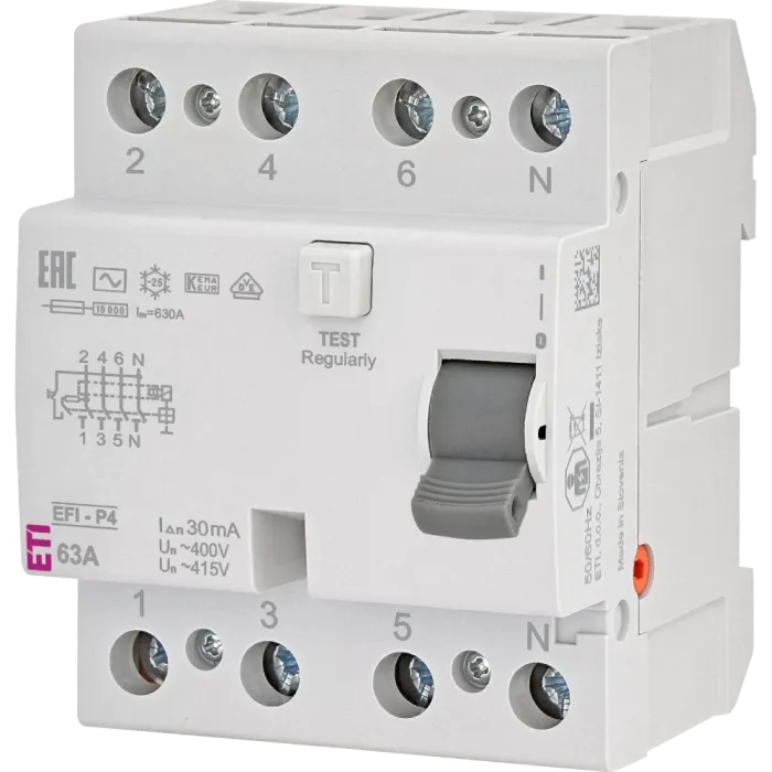 ЕТІ 4р EFI6-P4 63/0,03 тип AC (6kA) Реле диференційне (ПЗВ)