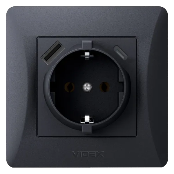VIDEX BINERA Розетка одинарна із заземленням з USB+USB-C чорний графіт