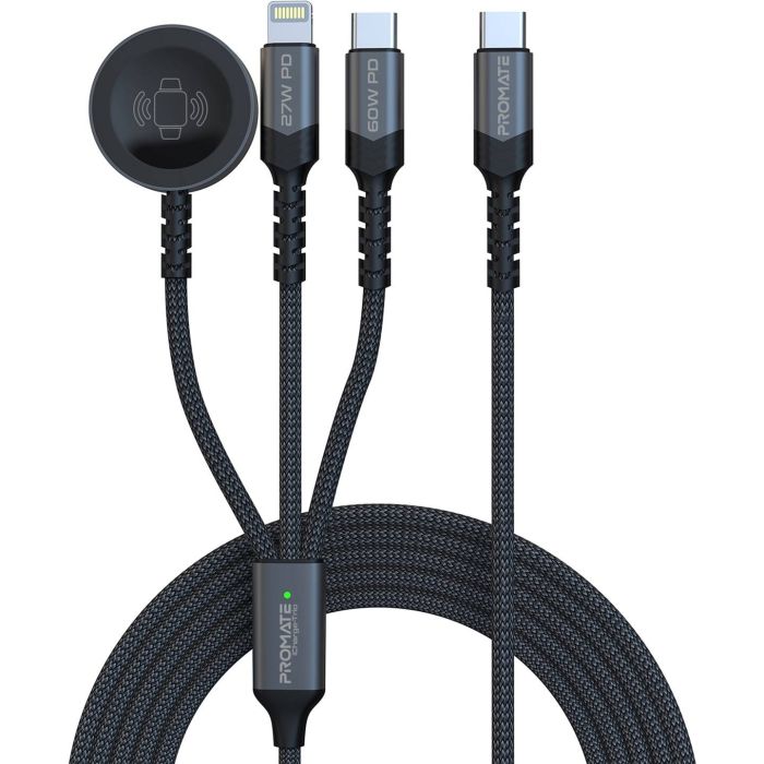 Кабель Promate USB Type-C - USB Type-C (M/M) Lightning 27W 60W Apple MagSafe 1 2.5W, 4A, 1.5 м, Black (icharge-trio.black)