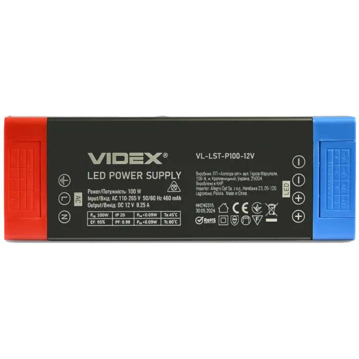 VIDEX (VL-LST-P100-12V) DC12V 8.25A 100W IP20 Блок живлення для LED стрічки