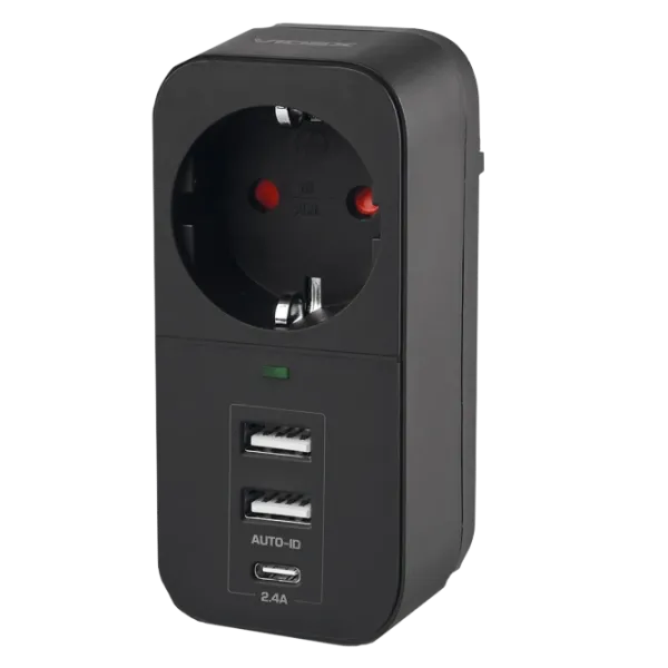 VIDEX ONCORD з/з 1п 2.4A 2USB+USB-C Black Мережевий адаптер з заземленням