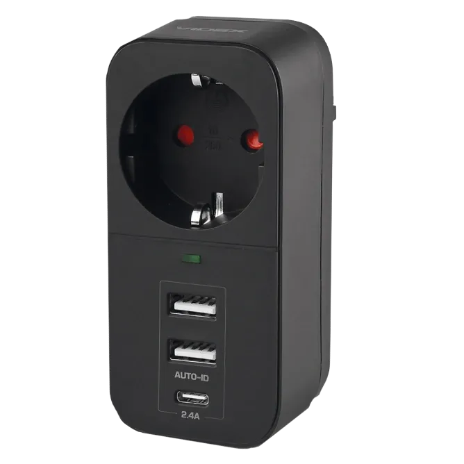 VIDEX ONCORD з/з 1п 2.4A 2USB+USB-C Black Мережевий адаптер з заземленням