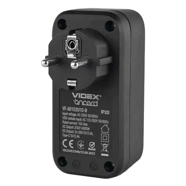VIDEX ONCORD з/з 1п 2.4A 2USB+USB-C Black Мережевий адаптер з заземленням