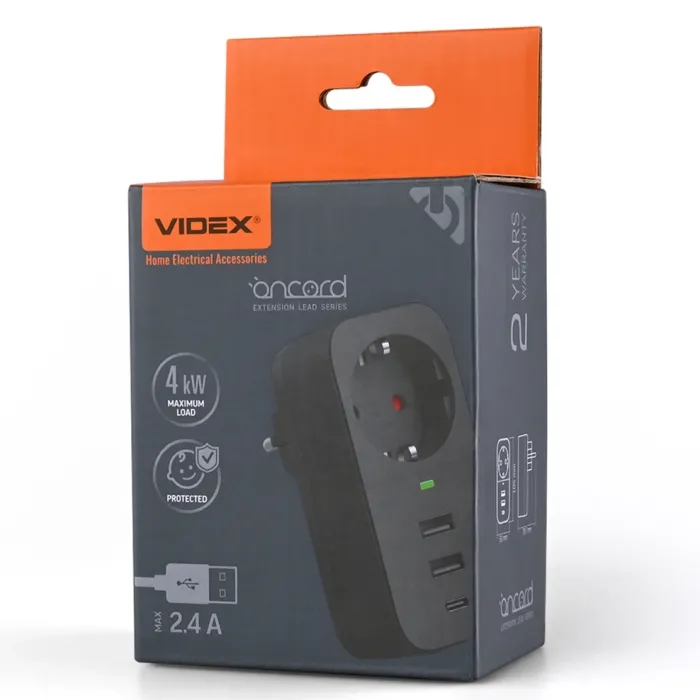 VIDEX ONCORD з/з 1п 2.4A 2USB+USB-C Black Мережевий адаптер з заземленням