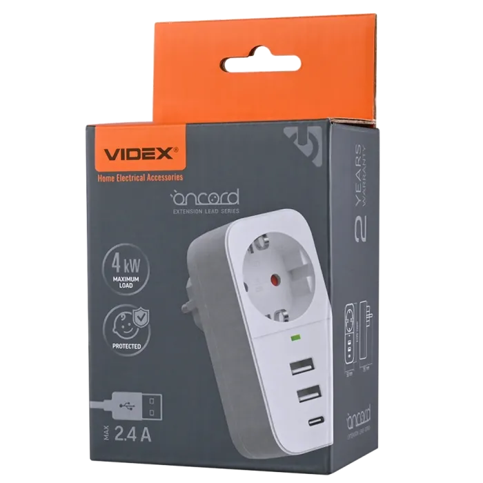 VIDEX ONCORD 1п 2.4A 2USB+USB-C Мережевий адаптер Type-C з заземленням