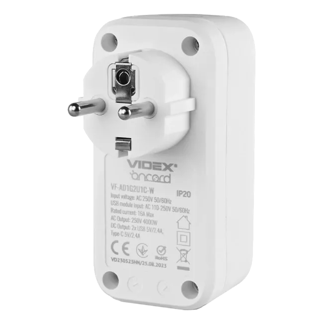 VIDEX ONCORD 1п 2.4A 2USB+USB-C Мережевий адаптер Type-C з заземленням