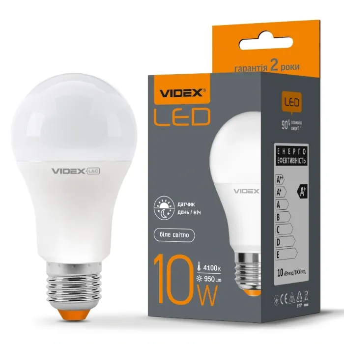 VIDEX A60e 10W E27 4100K LED лампа з сенсором освітленості