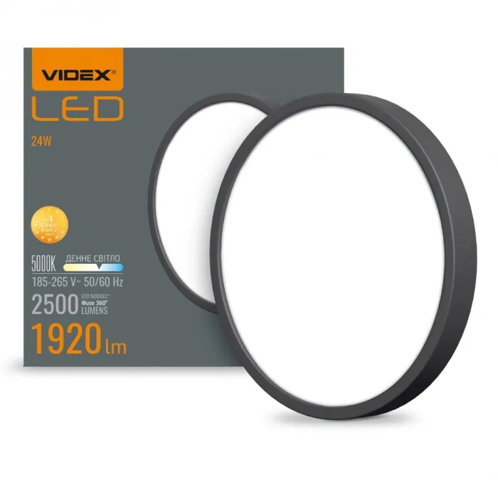 VIDEX 24W 5000K 220V LED світильник накладний круглий Black