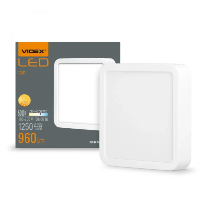 VIDEX 12W 5000K 220V LED світильник накладний квадрат