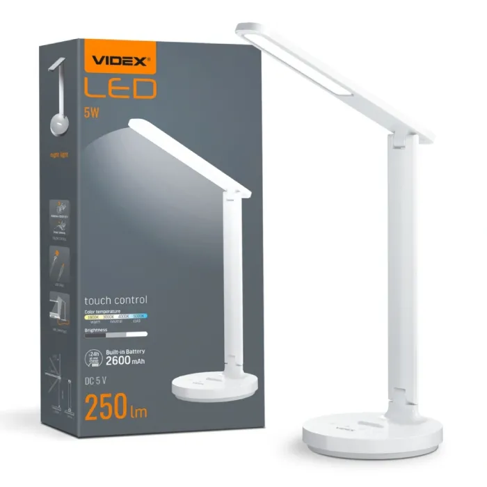 VIDEX VL-TF16W 5W 1800-5000K LED лампа настільна з акумулятором