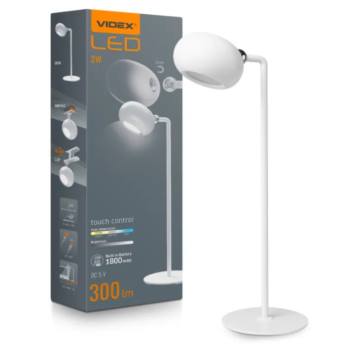 VIDEX VLE-TF18W 3W 3000-5500K 220V LED лампа настiльна з акумулятором